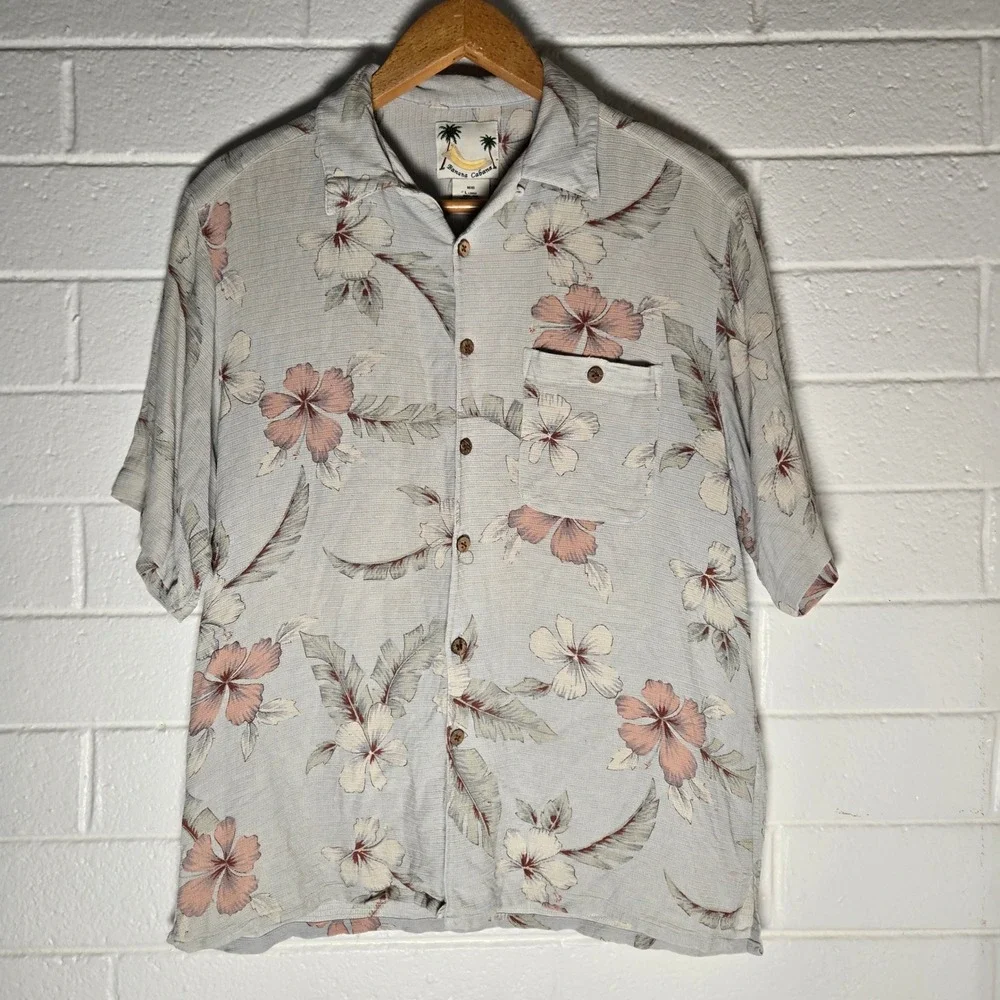 Banana Cabana Silk Hawaiian Shirt Mens Large Gray Floral Hibiscus Coconut Button
